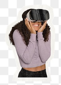 Woman wearing VR png paper cut out sticker, transparent background