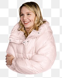 Woman in puffer jacket png sticker, transparent background