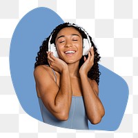 Woman with headphones png blue badge sticker, transparent background