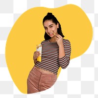 Png woman eating fries, yellow badge, transparent background 