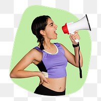 Woman with megaphone png badge sticker, transparent background