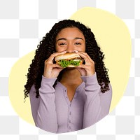 Png woman eating hamburger badge, transparent background 