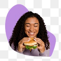 Png woman eating hamburger badge, transparent background 