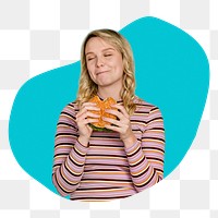 Png woman eating hamburger badge, transparent background 