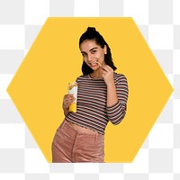 Png woman eating fries, yellow badge, transparent background 