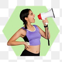 Woman with megaphone png badge sticker, transparent background