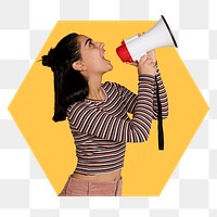 Feminist with megaphone png badge sticker, transparent background