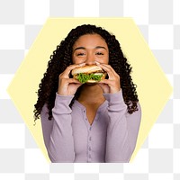 Png woman eating junk food badge, transparent background