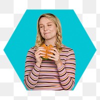 Png woman eating junk food badge, transparent background