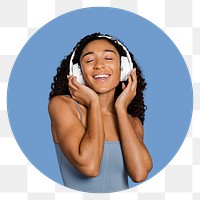 Woman with headphones png blue badge sticker, transparent background