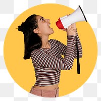 Woman with megaphone png badge sticker, transparent background