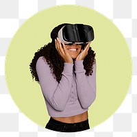 Png woman wearing VR goggles sticker, transparent background