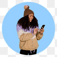 Woman with phone png badge sticker, transparent background