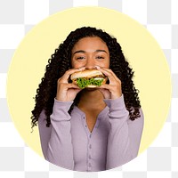 Png hamburger badge, woman eating, transparent background