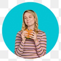 Png hamburger badge, woman eating, transparent background