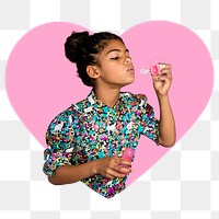 Playful girl png heart shape sticker, transparent background