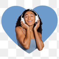 Woman with headphones png heart badge sticker, transparent background