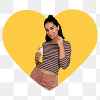 Png woman eating fries, yellow badge, transparent background 