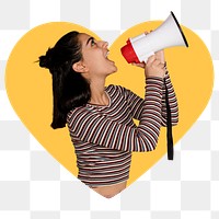 Feminist with megaphone png heart shape sticker, transparent background