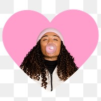 Woman with bubblegum png heart shape sticker, transparent background