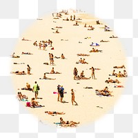 Png people at the beach badge sticker, Summer photo in soft edge circle, transparent background