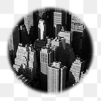 Grayscale buildings png badge sticker, city photo in soft edge circle, transparent background