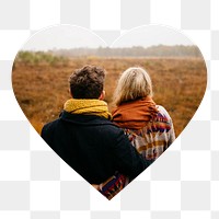 Couple png badge sticker, travel photo in heart shape, transparent background