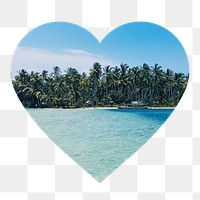 Tropical beach png badge sticker, Summer photo in heart shape, transparent background