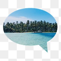 Tropical beach png badge sticker, Summer photo in speech bubble, transparent background