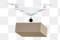 Delivery drone png sticker, cardboard box image on transparent background