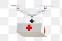 Delivery drone png sticker, first aid box image on transparent background. BANGKOK, THAILAND, 22 AUGUST 2023