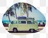 Png Summer camper van badge sticker, travel photo in blob shape, transparent background