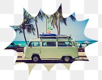 Png summer camper van badge sticker, travel photo in bang  shape, transparent background