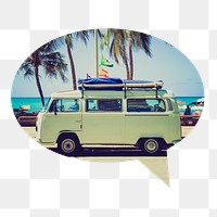 Png Summer camper van badge sticker, travel photo in speech bubble, transparent background