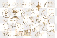 Cute doodle png sticker, gold glitter cartoon illustration set on transparent background