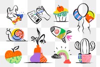 Cute doodle png sticker, colorful aesthetic illustrations set on transparent background