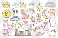 Cute doodle png sticker, pastel cartoon illustrations set on transparent background