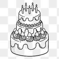 Cake png doodle sticker, black & white illustration, transparent background