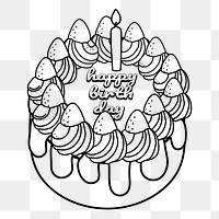 Birthday cake png doodle sticker, black & white illustration, transparent background