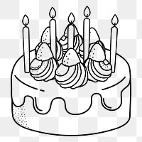 Birthday cake png doodle sticker, black & white illustration, transparent background