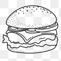 Hamburger png doodle sticker, black & white illustration, transparent background