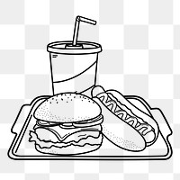 Fast food png doodle sticker, black & white illustration, transparent background