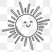 Smiling sun png doodle sticker, black & white illustration, transparent background