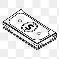 Money png doodle sticker, black & white illustration, transparent background