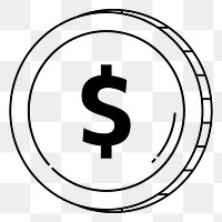 Dollar coin png doodle sticker, black & white illustration, transparent background