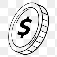 Dollar coin png doodle sticker, black & white illustration, transparent background