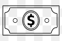 Dollar png doodle sticker, black & white illustration, transparent background