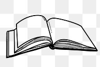 Open book png doodle sticker, black & white illustration, transparent background
