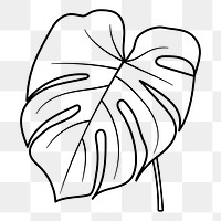 Monstera leaf png doodle sticker, black & white illustration, transparent background