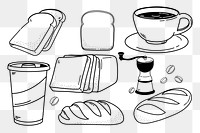 Food & drink png doodle sticker, black & white illustration set, transparent background